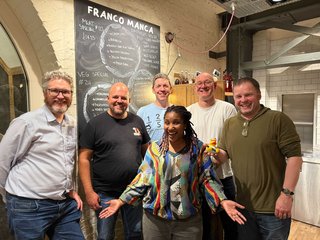 Russell Keith-Magee, Antonio Cuni, Eric Snow, Jannis Leidel, Nicholas Tollervey and me at CPython core sprints dinner
