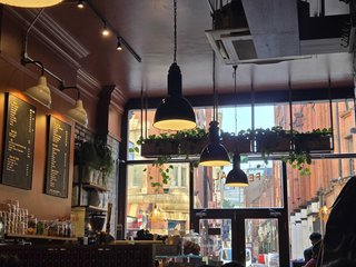 A nice cafe in Manchester. Pretty lights.