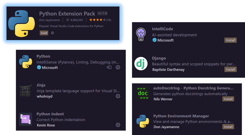 Python Extension Pack with Python, Jinja, Python Indent, IntelliCode, Django, AutoDocstring, Python Environment Manager