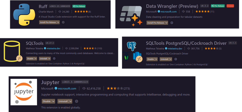 Ruff, Data Wrangler, SQLTools, SQLTools PostreSQL/Cockroach Driver, Jupyter