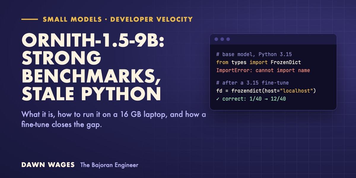Title card: Ornith-1.5-9B: strong benchmarks, stale Python